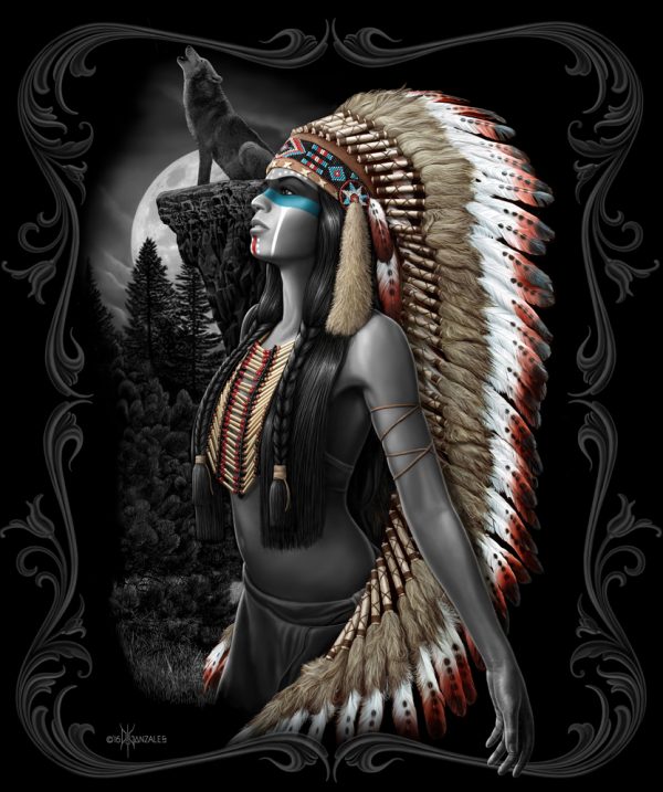 native American with wolf howling at moon in background