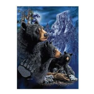 Black bears with blue background and trees