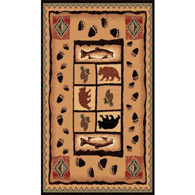 brown rug with footprints, fish, and bear design