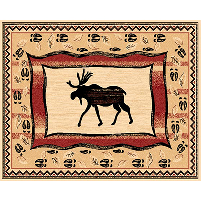brown rug with moose and footprints design