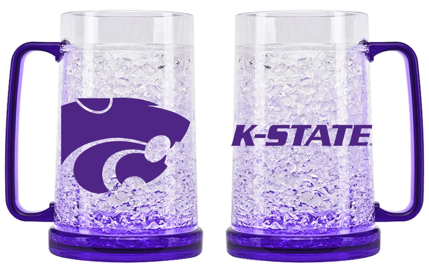 Two purple mugs with wildcat logo