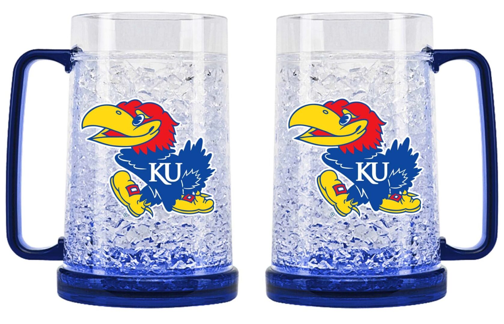 Two crystal cups with Jayhawks mascot and blue handles
