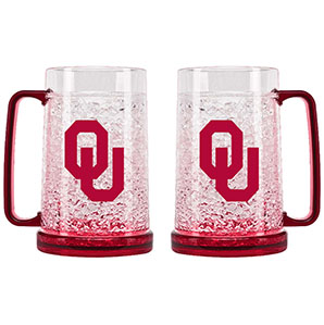 Two beer tankards with the university of Oklahoma initials in pink