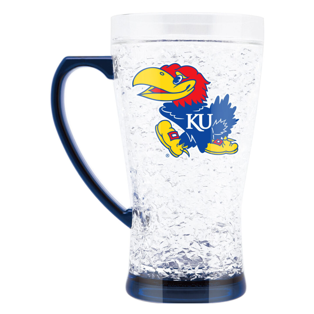 Blue crystal cup with Jayhawks mascot and blue handle large