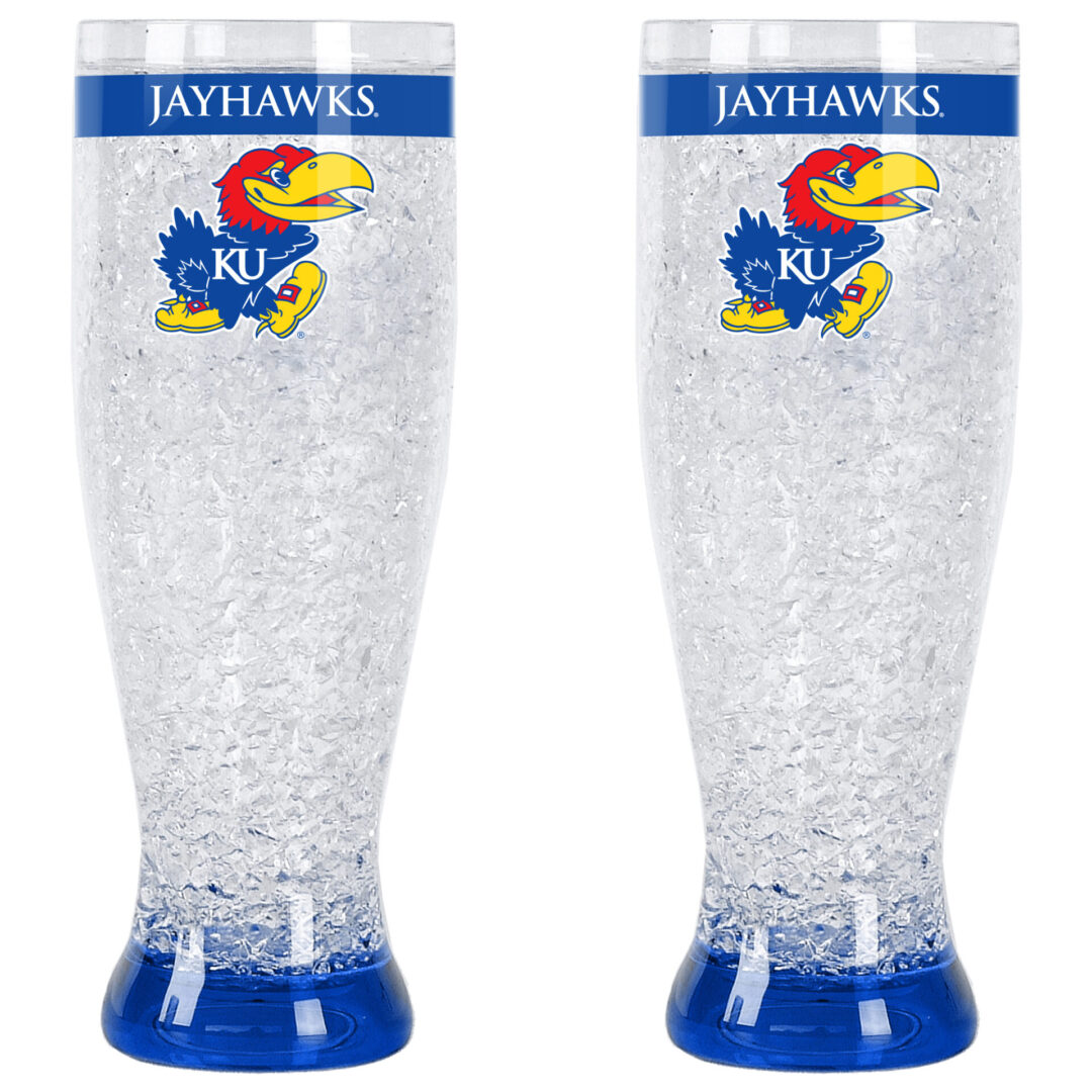 Two cups with blue base and jayhawks mascots on it