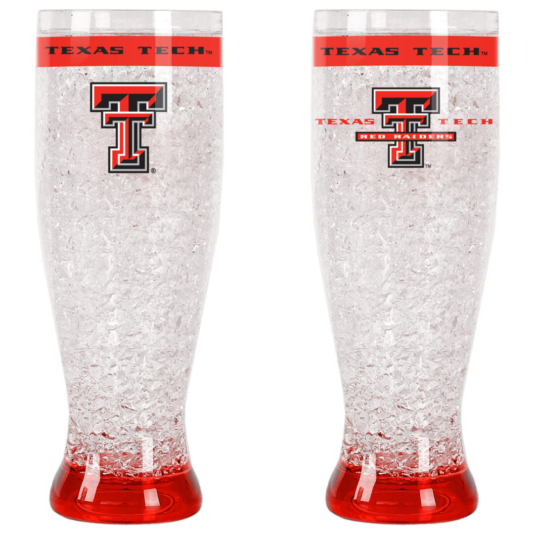 Two tall crystal cups with red raiders logo