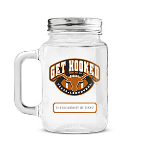 Glass mug with screw-on cap and longhorns logo