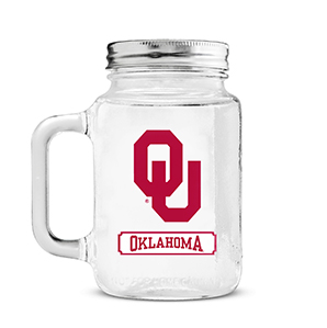 University of Oklahoma glass cup with handle and silver screw-on top