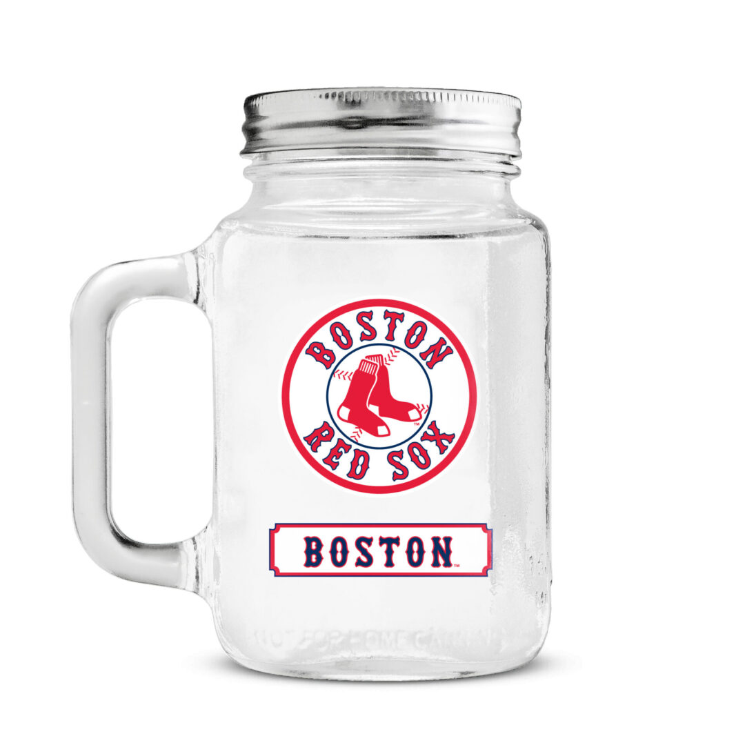 Boston Red Sox glass mug with screw-on silver top
