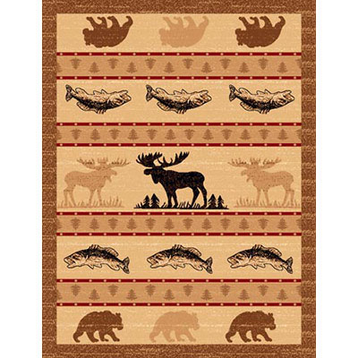brown rug with moose, fish, and bear design