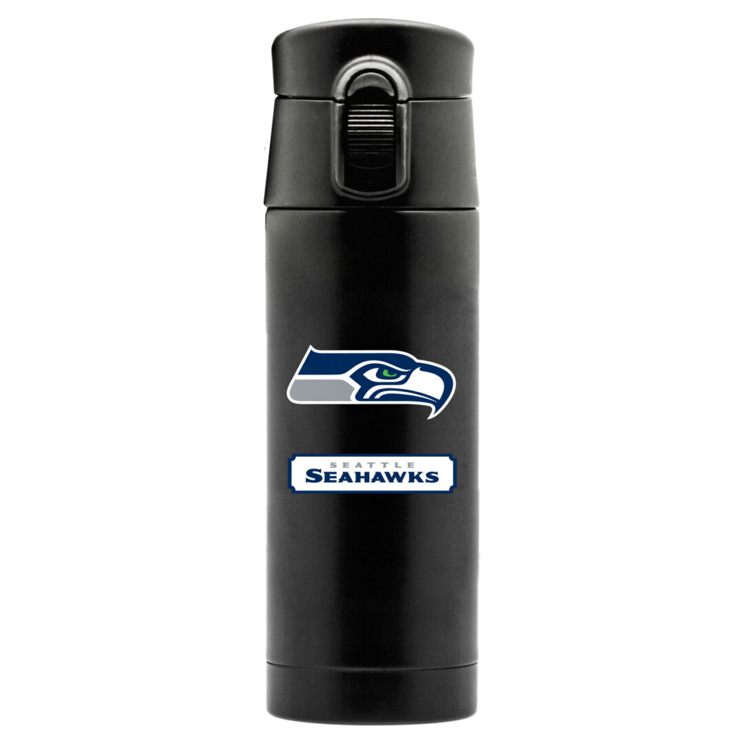 black thermos with Seattle Seahawks logo