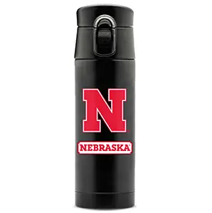 Nebraska black thermos with pink Nebraska initial and name