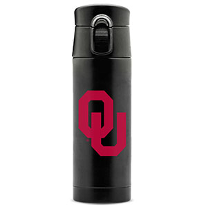Black thermos with pink university of Oklahoma initials