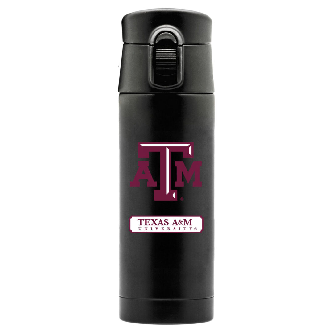 black thermos with Texas AM university aggies logo