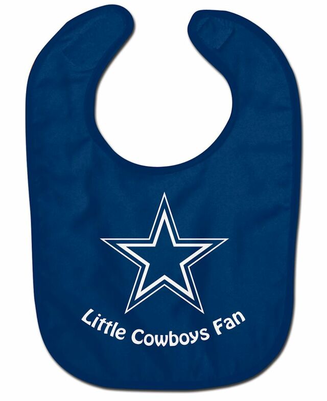 a blue bib with star design and “little cowboys fan” text