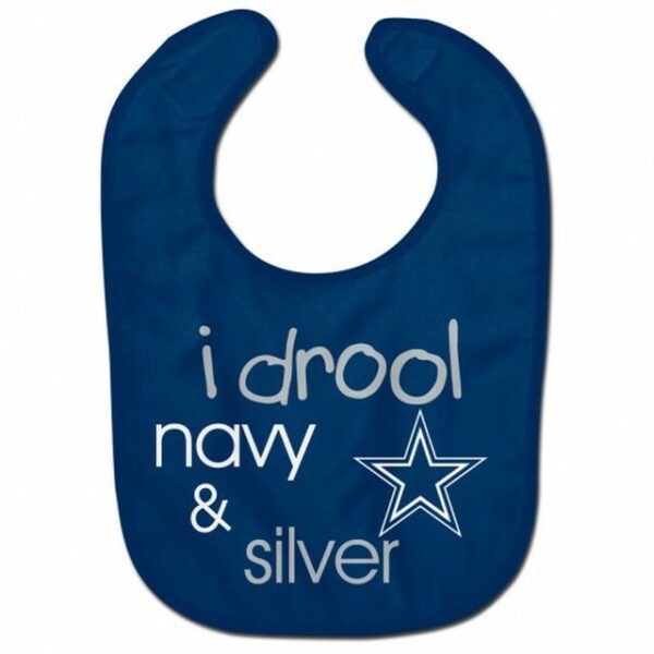 blue bib with “I drool navy and silver” text